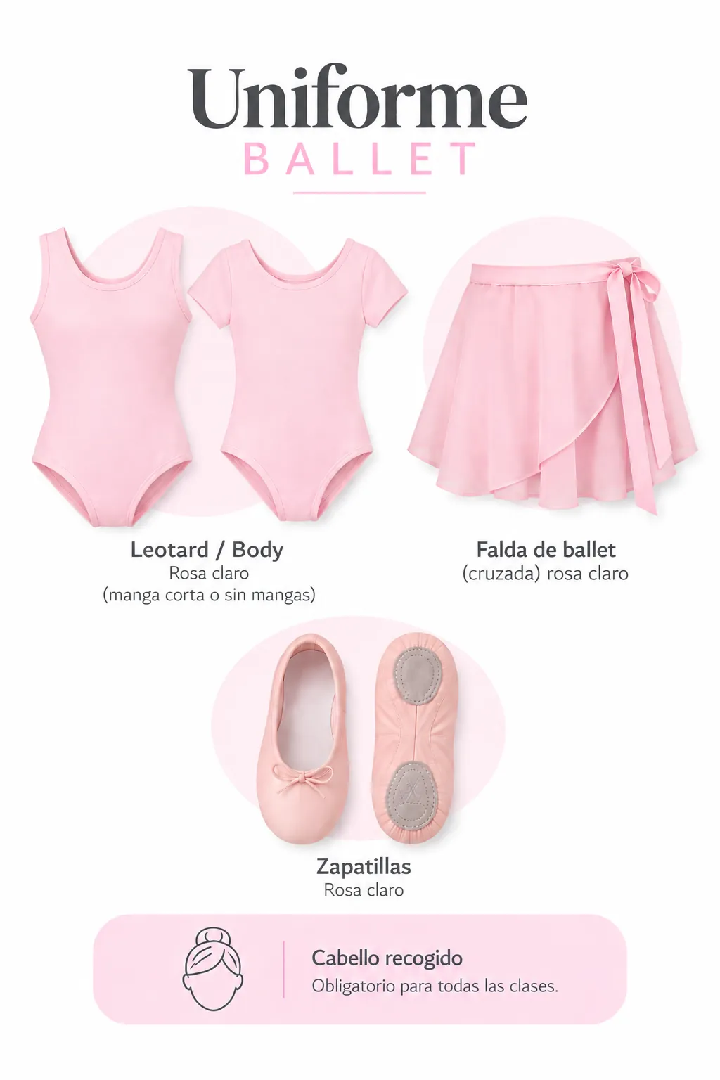 Referencia del uniforme de Ballet: leotard/body rosa claro, falda cruzada rosa claro, zapatillas rosa claro y cabello recogido